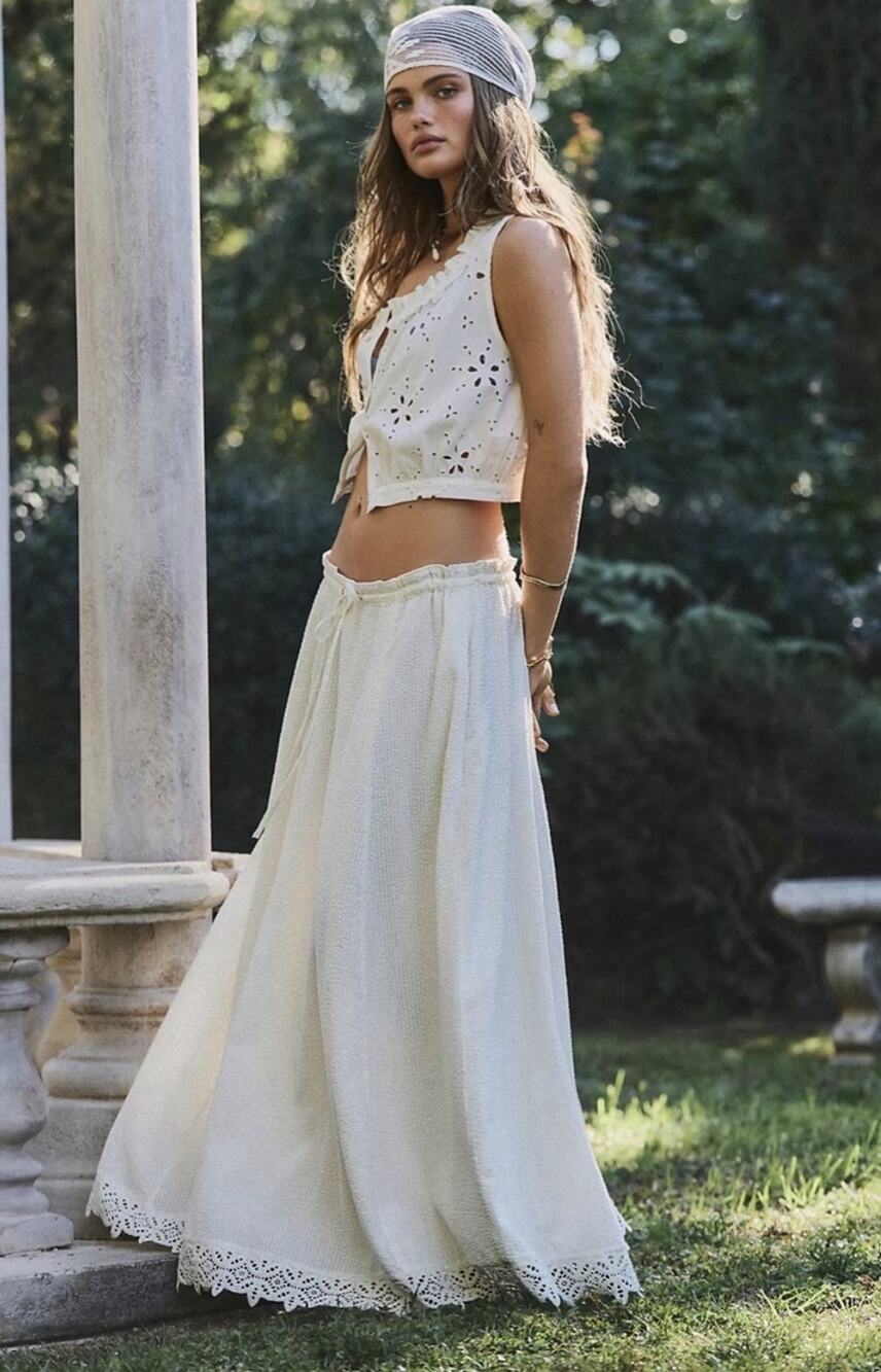Free People Madelyn Cotton Maxi Skirt Set Sugar Swizzle White Small NWT $168